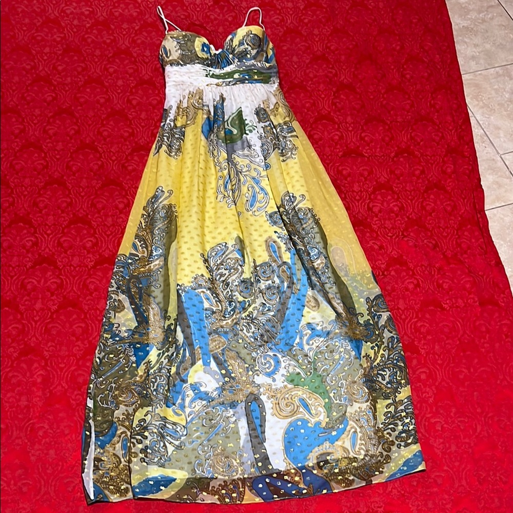 Aidan Mattox Silk Metallic Paisley Maxi Dress Women Size 4 Yellow Blue Formal